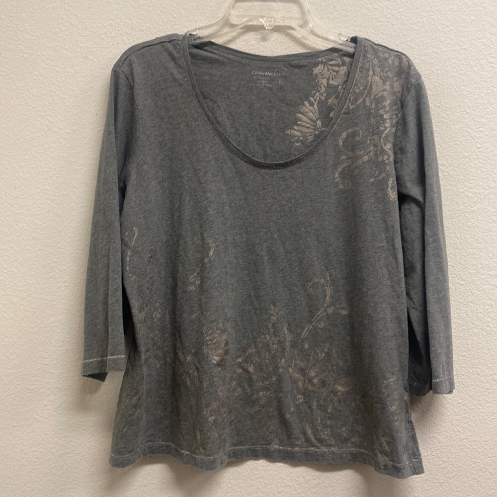 Coldwater Creek Charcoal Floral Scoop Neck 3/4 Sleeve Tee